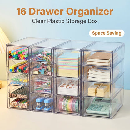 Clear Modular Drawer Organizer with 8- or 16-Drawer Checkout Sets for Office, Makeup and Craft Supplies