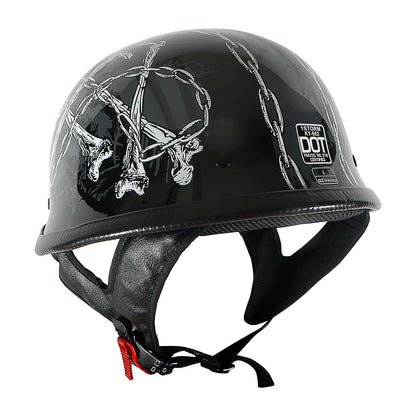 German Style Motorcycle Half Face Helmet – Novelty Skull & Carbon Fiber Design, UV Glossy Finish, Removable Washable Padding