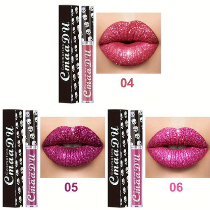 Glitter Lip Gloss Set 3pcs Skull Design Shimmer Liquid Lipstick Long Lasting Easy Remove Bold Shiny Lip Color for Music Festival Rave Party