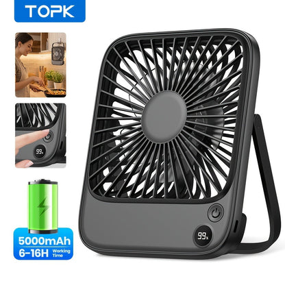 USB Desk Fan Battery Operated, 2000mAh & 5000mAh Rechargeable Mini Personal Fan, 4-Speed Adjustable