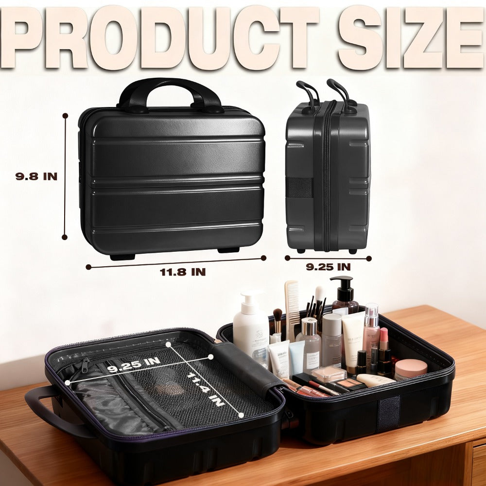 Hard Shell Makeup Travel Case Waterproof Pressure-Proof Portable Cosmetic Suitcase with Elastic Band Luggage Attachment Carry-On Organizer