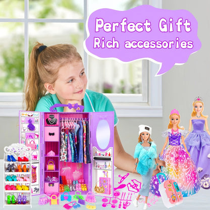 Doll Closet Playset 108 Piece with 11.5 Inch Fashion Doll Purple Wardrobe Wedding Gowns Shoes Handbags Crowns & Accessories