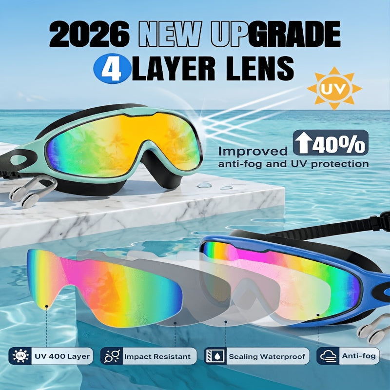 Anti-Fog Swimming Goggles Wide View UV Protection Swim Goggles for Adults Men Women Youth – Mirrored Lens with Earplugs Nose Clip