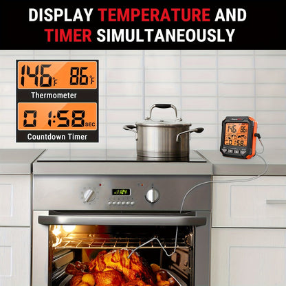 Digital Meat Thermometer with Probe Backlit Display Temp Alert for BBQ Smoker Oven Cooking for Grilling, Camping and Outdoor Meals