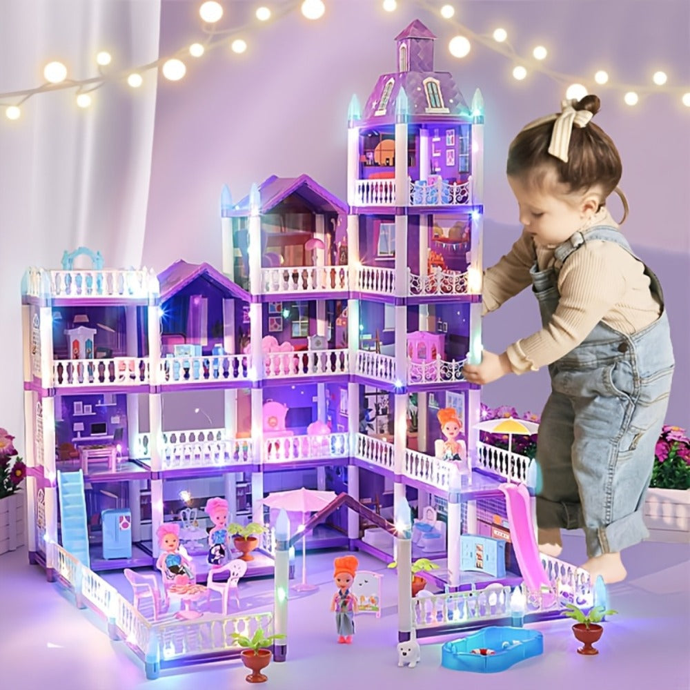 LED Dollhouse Playset for Girls, Purple Multi-Room Playhouse with Doll Figures, Puppies, Furniture & LED Lighting