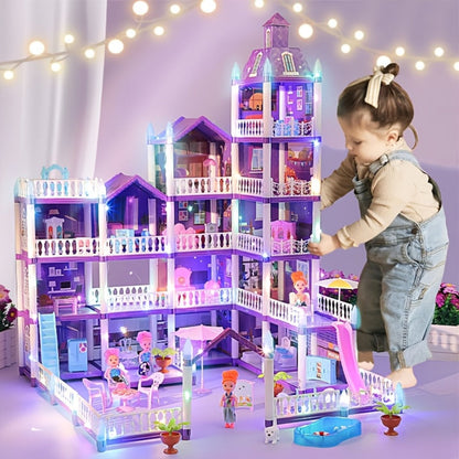 LED Dollhouse Playset for Girls, Purple Multi-Room Playhouse with Doll Figures, Puppies, Furniture & LED Lighting