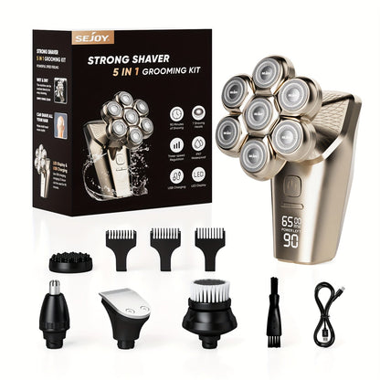 7D Head Shaver Bald Men 5-in-1 Waterproof Wet Dry Electric Razor – Type-C Rechargeable 6500-7500RPM Rotary Grooming Kit with Nose Hair