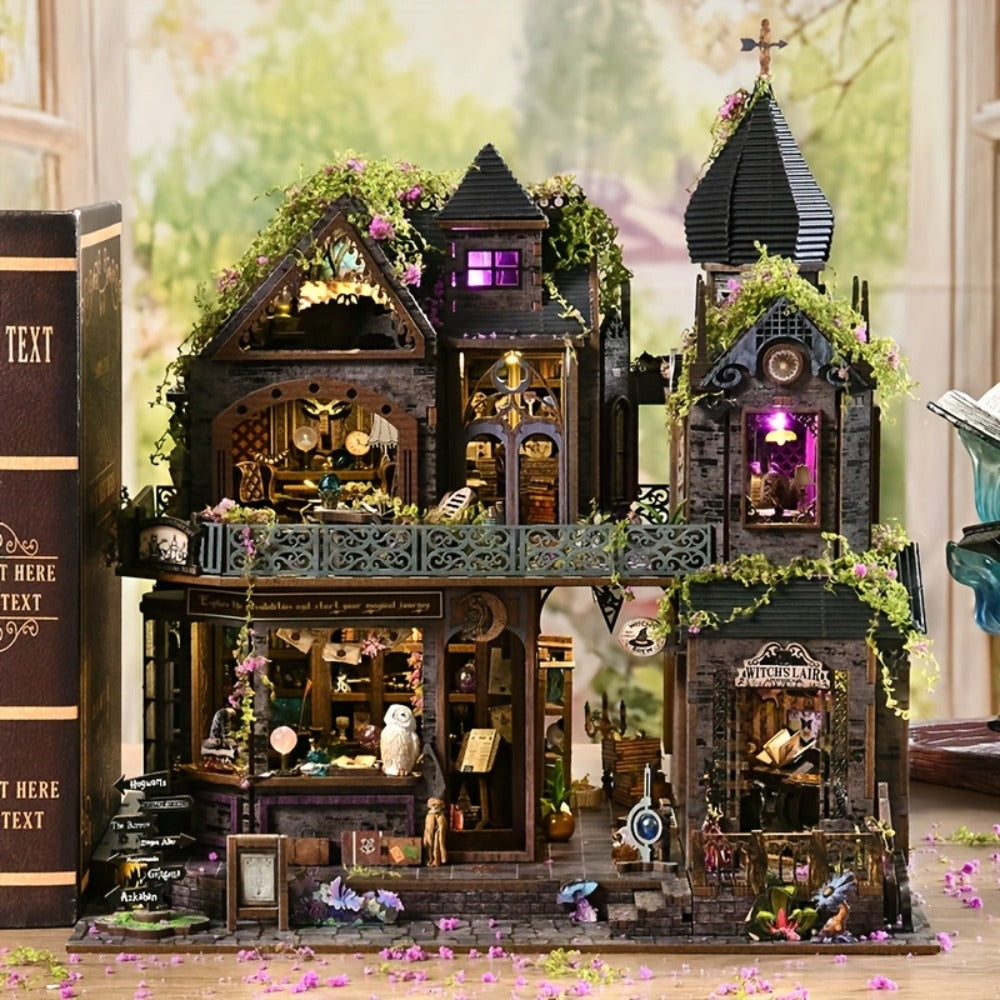3D Wooden Puzzle Magic Castle Model Kit – DIY Assembly with Owl, Magic Hat & Flowers, Bookshelf Desk Decoration