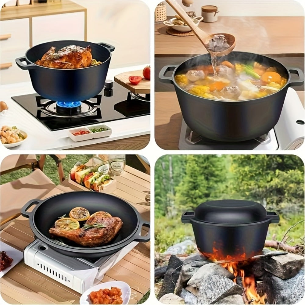 Cast Iron Dutch Oven Set 5.1QT & 7QT with Skillet Lid – Pre-Seasoned 2-in-1 Cookware for Stovetop, Induction, Oven, Campfire & BBQ