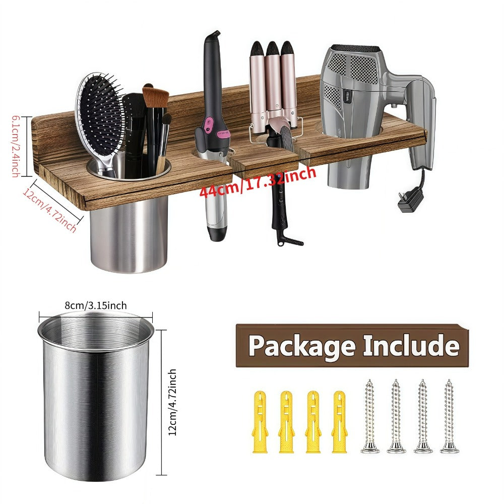 Wall Mounted Hair Tool Organizer – Wooden Hair Dryer Holder & Storage Rack for Curling Iron, Straightener & Brushes