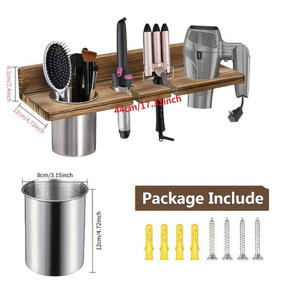 Wall Mounted Hair Tool Organizer – Wooden Hair Dryer Holder & Storage Rack for Curling Iron, Straightener & Brushes