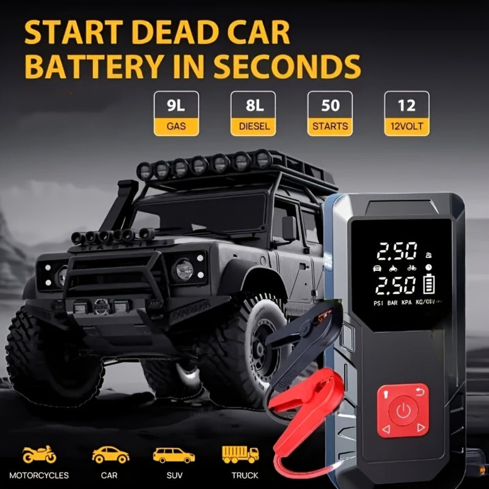 Portable Car Jump Starter 10000A – 9-in-1 Battery Booster with 350PSI Tire Inflator, LED Light, USB-C Fast Charging