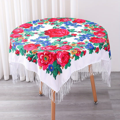 Tablecloth Square 53-Inch Floral Cover with Tassel Trim, Polyester Fabric and Six Color Options