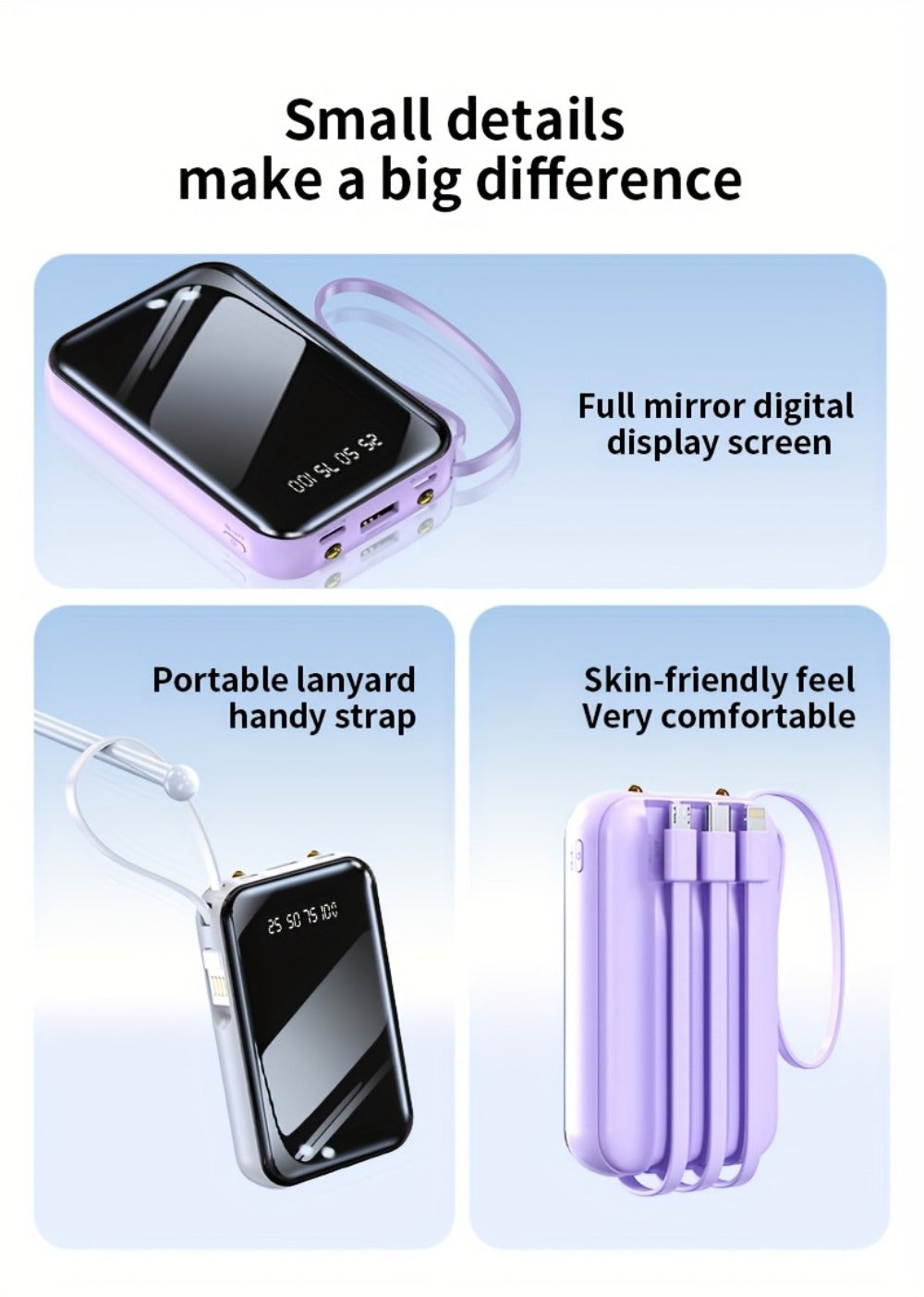 Power Bank 50000mAh 22.5W with Four Built-In Cables, Digital Display and LED Flashlight in Black or Purple