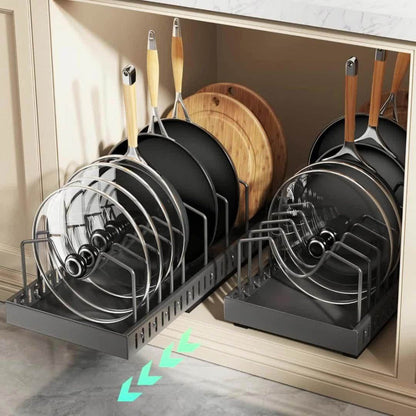 Pull-Out Pot and Pan Lid Rack Cabinet Sliding Storage Organizer – Kitchen Cabinet Slide-Out Box with 8/16 Adjustable Dividers for Lids