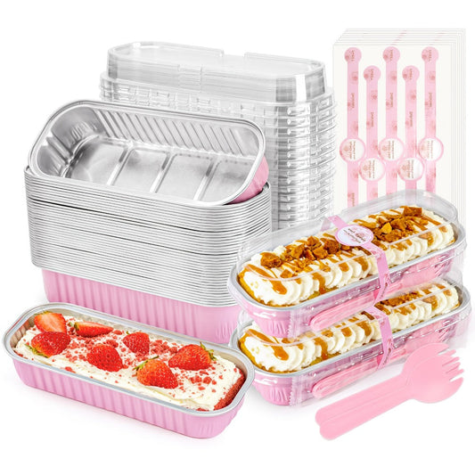 Mini Cake Pans 100 Pack with Lids and Spoons Aluminum Foil Rectangular Disposable Baking Pans for Entryways, Bedrooms and Living Spaces