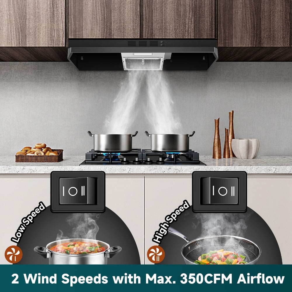 Range Hood 36 Inch Under Cabinet Ducted Ductless Convertible Stainless Steel 350CFM 2-Speed for Home Cooking, Dining and Outdoor Meals