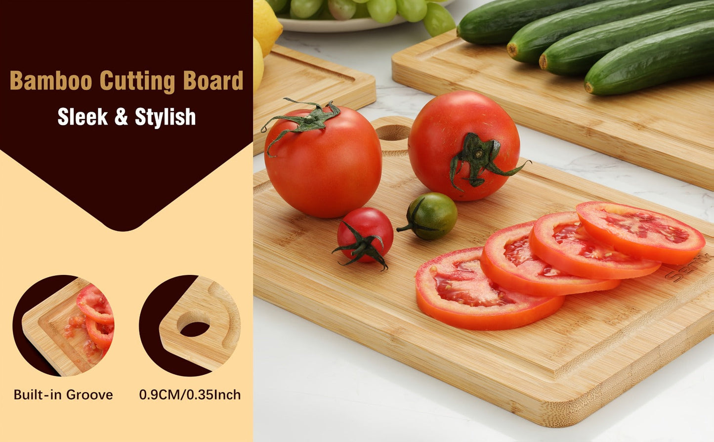 Cutting Board Three-Piece Bamboo Set with Juice Grooves, Carry Handles and Three Nested Sizes