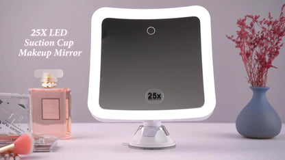 25X Magnifying Mirror with LED Light Suction Cup Mount, for Makeup, Travel and Everyday Vanity Use