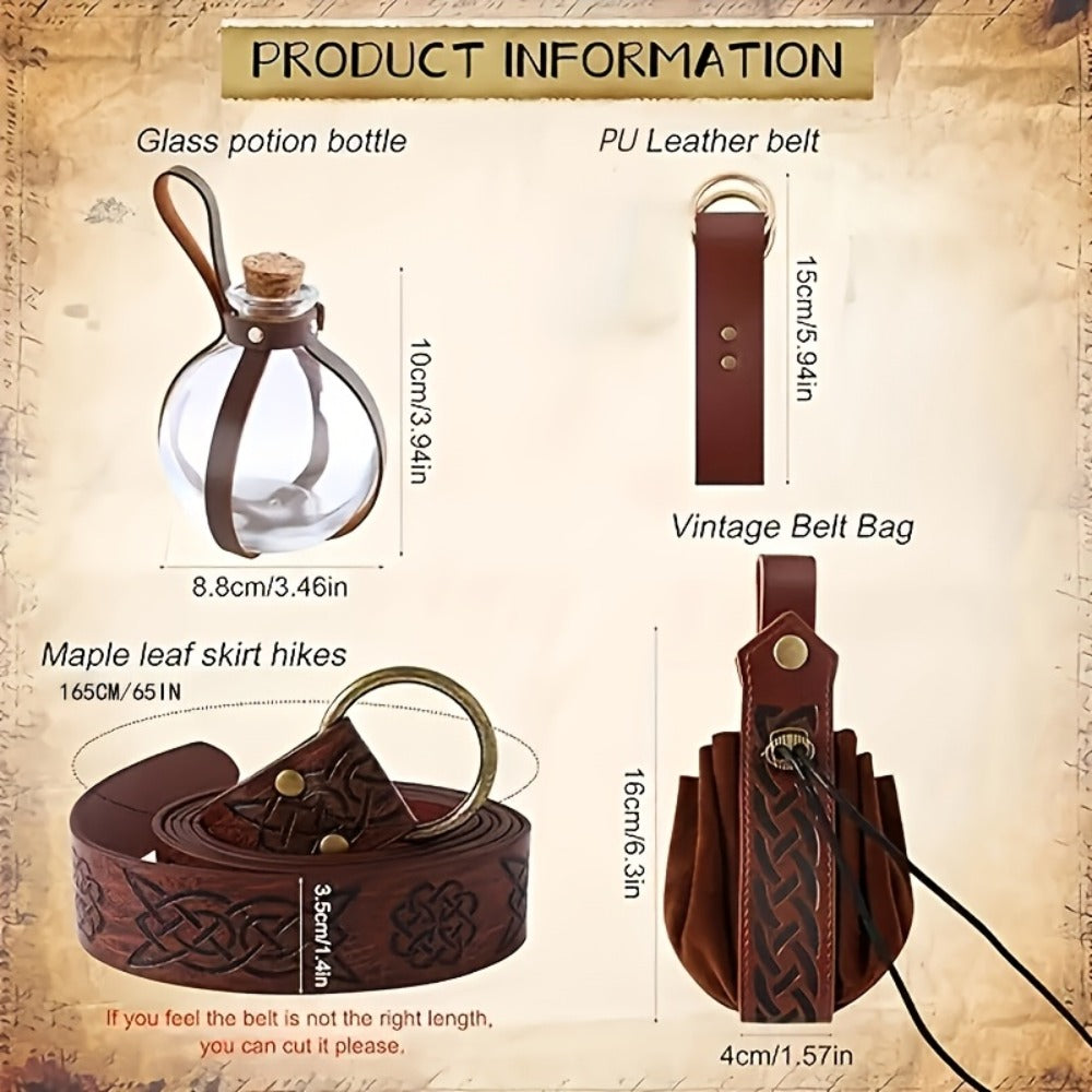 Renaissance Corset Set 5-Piece Ladies – Medieval Belt Pouch Potion Bottle Waist Protector, Women Halloween LARP Cosplay Renaissance Fair