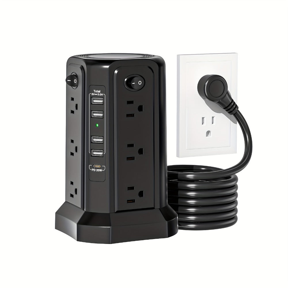 PD18W USB-C Power Strip Tower 21-in-1, 16 AC Outlets & 5 USB Ports, 1500J Surge Protector, Angled Flat Plug