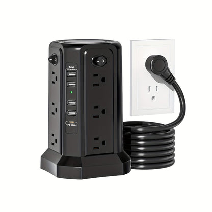 PD18W USB-C Power Strip Tower 21-in-1, 16 AC Outlets & 5 USB Ports, 1500J Surge Protector, Angled Flat Plug