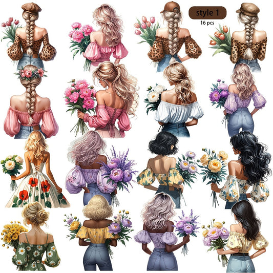 Aesthetic Floral Stickers for Journaling 16pcs – Floral Girl Artistic Cut-Out Scrapbook Sticker Sheets, 2 Styles