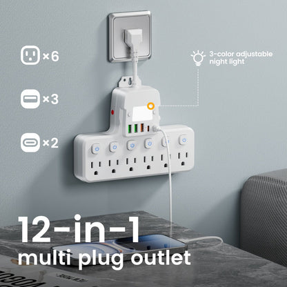 Desktop Power Strip 11-in-1 with 6 AC Outlets 3 USB-A 2 USB-C Ports 6 Individual Switches for an Everyday Personal Care Routine