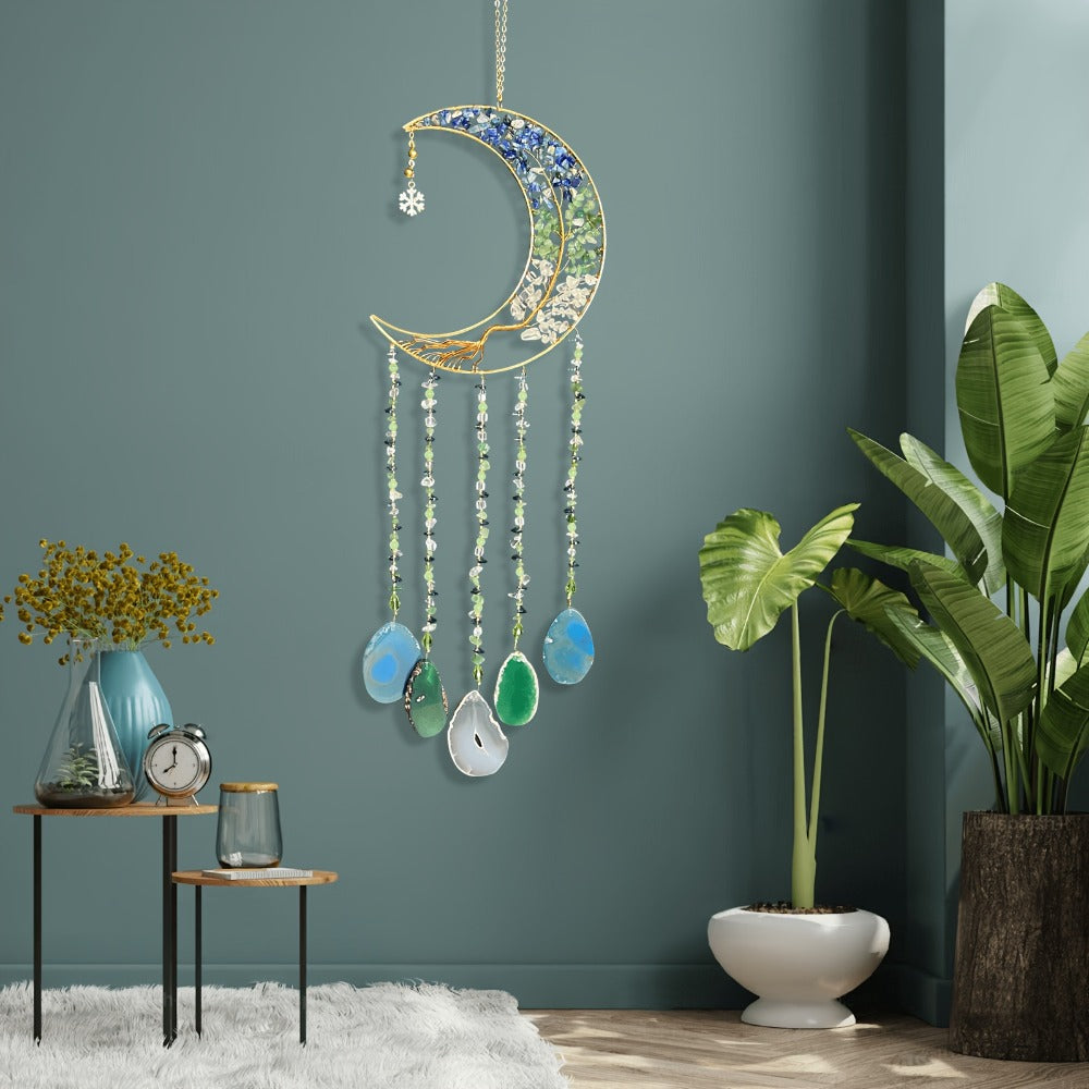 Moon Agate Tree Hanging Ornament Handmade Boho Suncatcher Wall Decor - Crystal Window Sun for Entryways, Bedrooms and Living Spaces
