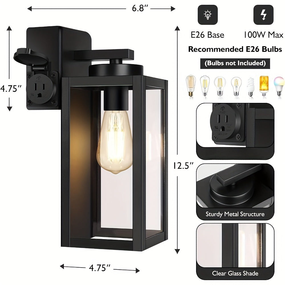 Outdoor Wall Light with Outlet 2-Pack - Modern Exterior Porch Wall Sconce Lighting Fixture for Front Door