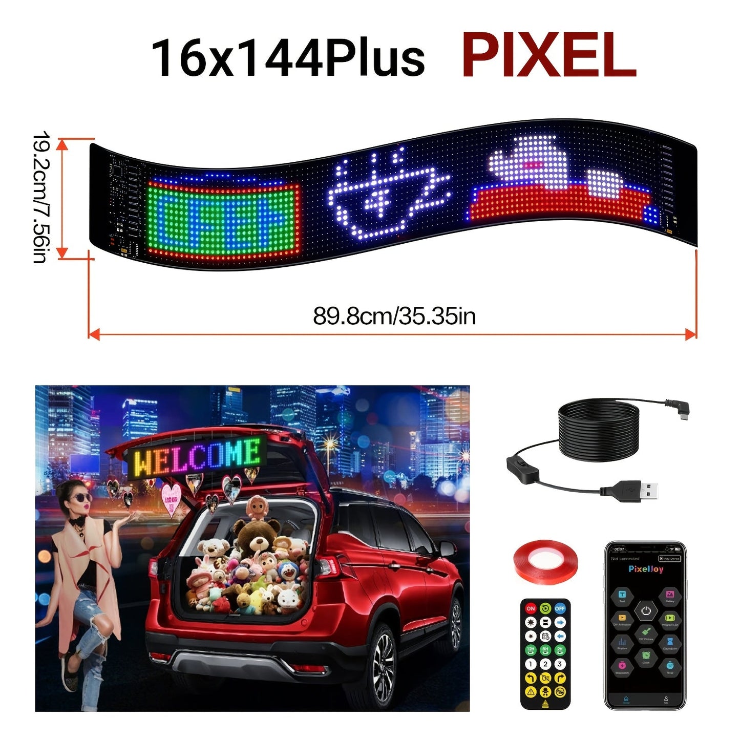 Flexible LED Matrix Screen Display DIY Text Picture & GIF, App & Remote Control, 5V USB Powered, 16x32 to 16x144