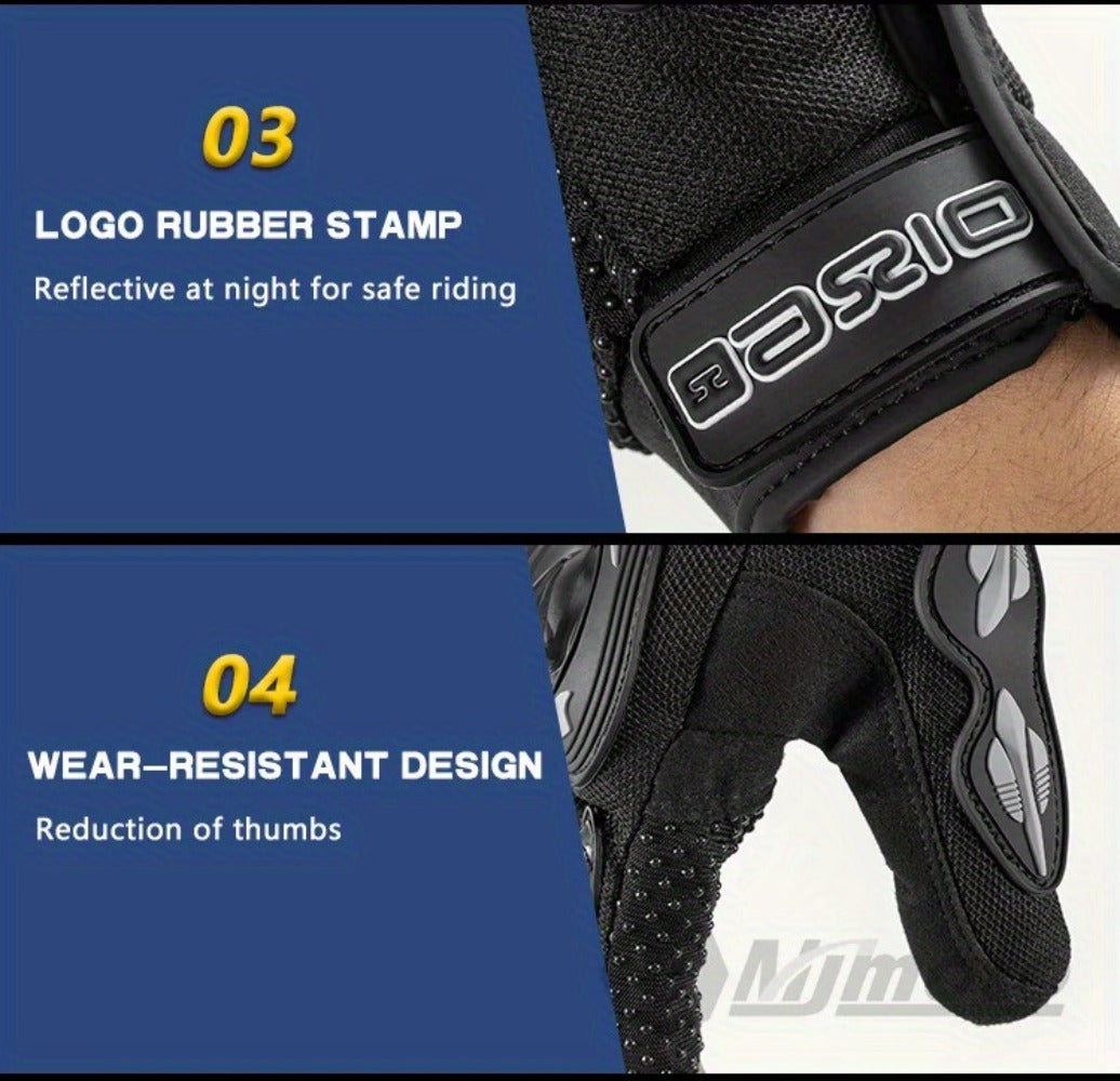 Full-Finger Motorcycle Gloves with Segmented Knuckle Shell, Wrist Tabs, Black or Red in M to XL