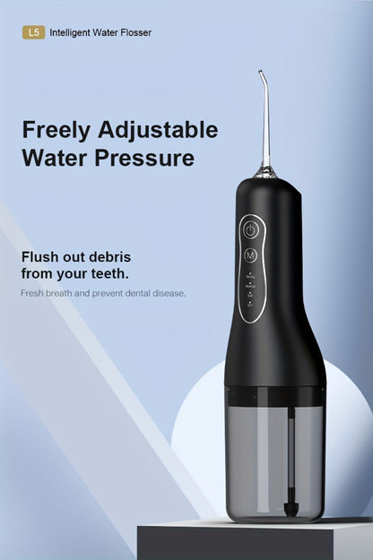Water Flosser Cordless Black 300ml Oral Irrigator with Four Modes, Four Nozzles, 700mAh Battery, USB Charging and IPX7 Rating