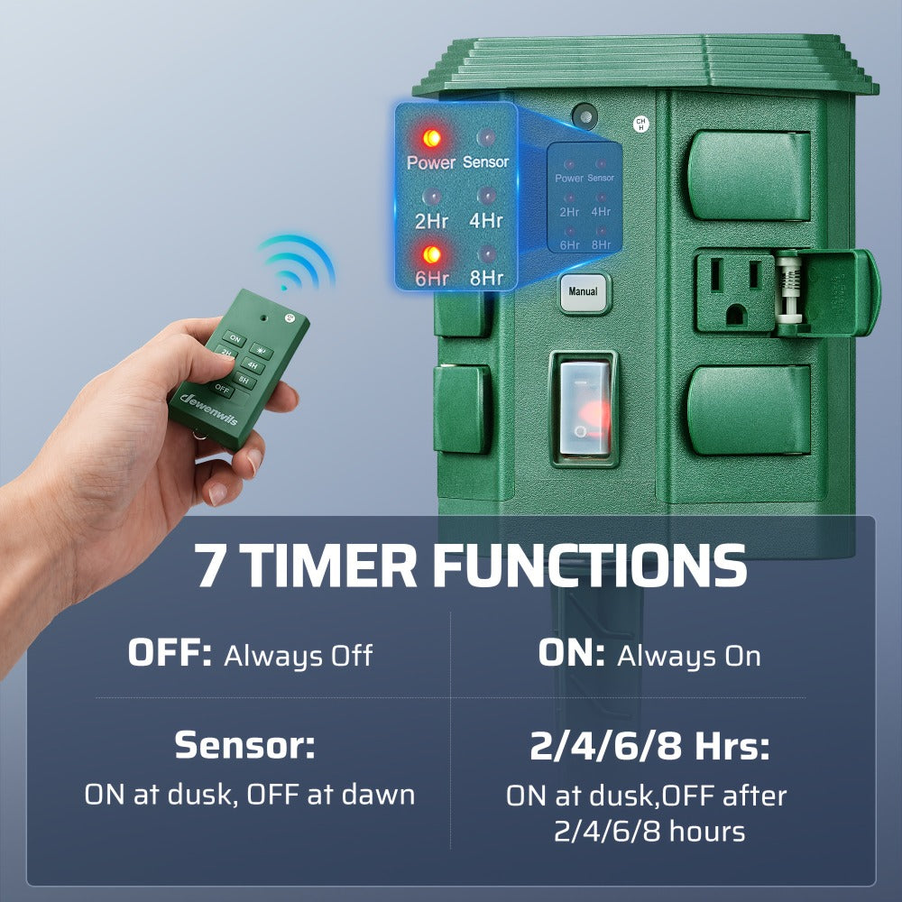 Outdoor Power Stake Timer 6 Outlet, 100FT Wireless Remote Control, Dusk to Dawn Photocell Sensor