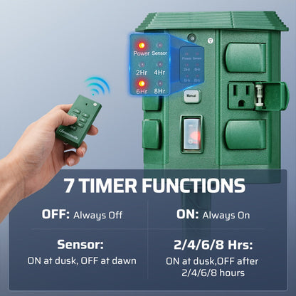Outdoor Power Stake Timer 6 Outlet, 100FT Wireless Remote Control, Dusk to Dawn Photocell Sensor