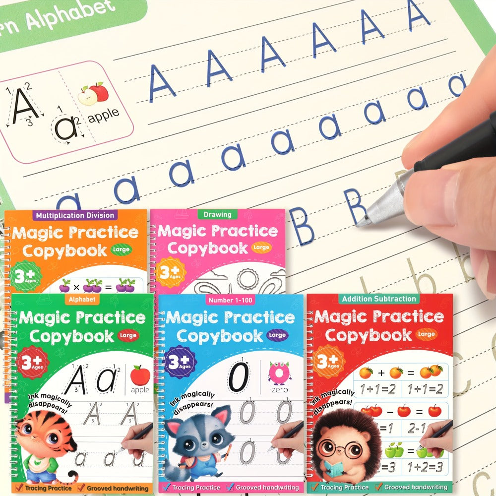 Magic Grooved Handwriting Practice Book for Kids Ages 3-8 – Reusable 5-in-1 Tracing Workbook for Letters Numbers Drawing Math