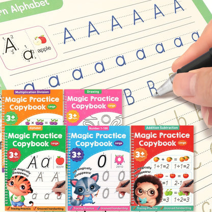 Magic Grooved Handwriting Practice Book for Kids Ages 3-8 – Reusable 5-in-1 Tracing Workbook for Letters Numbers Drawing Math