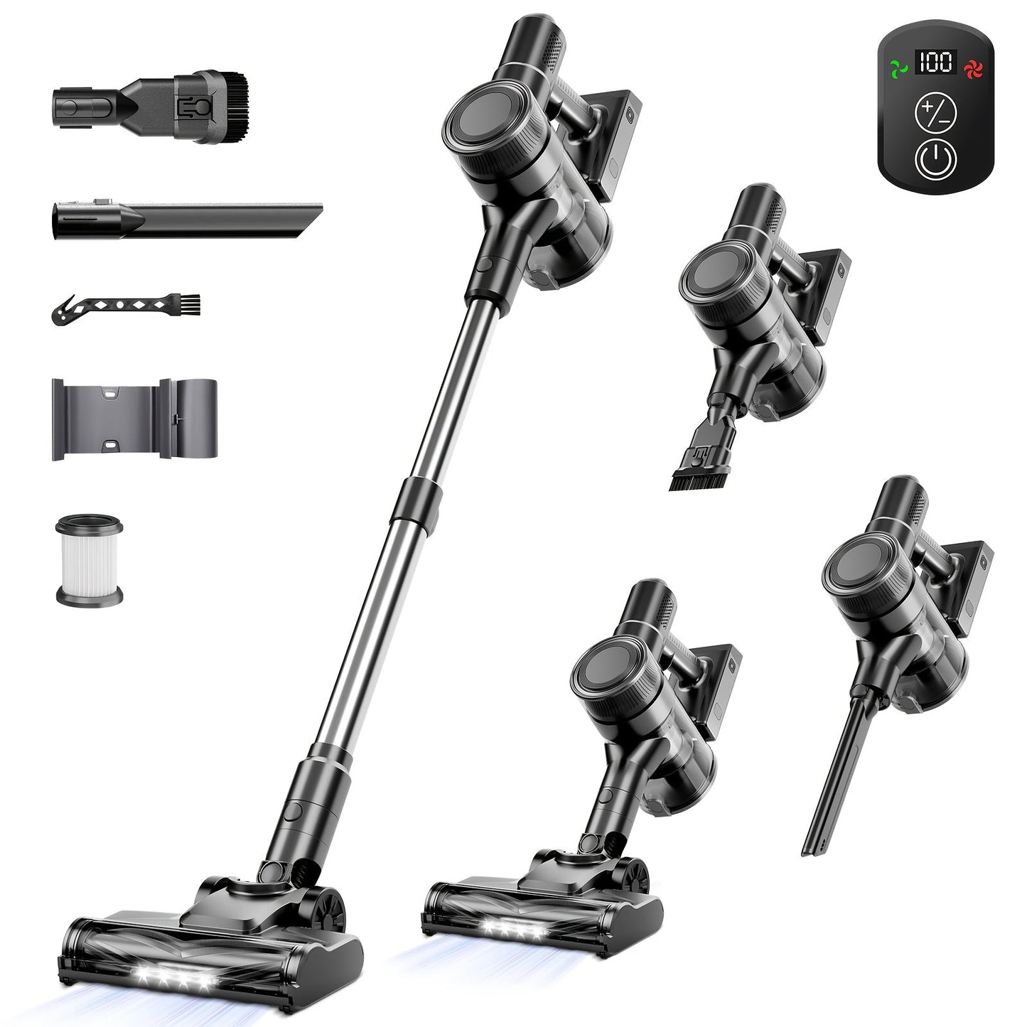 Cordless Vacuum Cleaner 55KPa 8-in-1 Stick Vacuum with LED Light 180° Swivel Wireless for Entryways, Bedrooms and Living Spaces