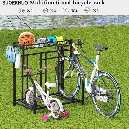 Freestanding Bike Storage Stand with Basket & Hooks, Adjustable Floor Rack for 3-4 Bikes, Indoor Outdoor Garage Organizer