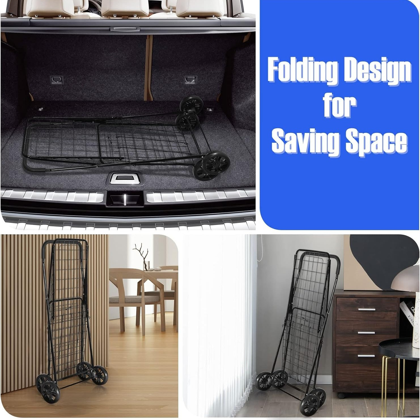 Rolling Shopping Cart Metal Basket, Foldable Grocery Utility Cart with Foam Handle Large Wheels 22 Gal for Supermarket Laundry Warehouse