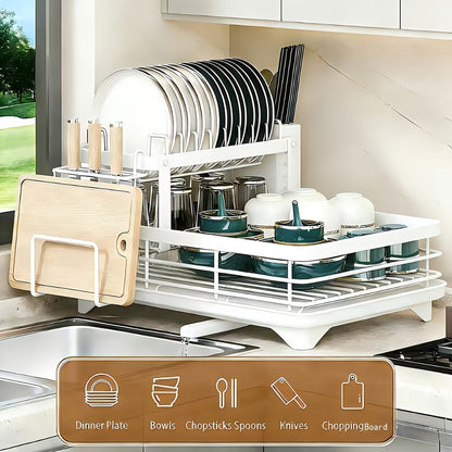 Two-Tier Dish Drying Rack Set with Metal Frame, Drainboard, Mat and Utensil and Cup Holders