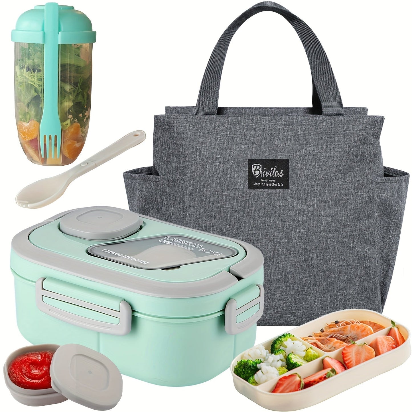 2-Layer Bento Lunch Box Set with Cup and Meal Bag - Multi-Grid Lunch Box for School, Office & Outdoor Picnics