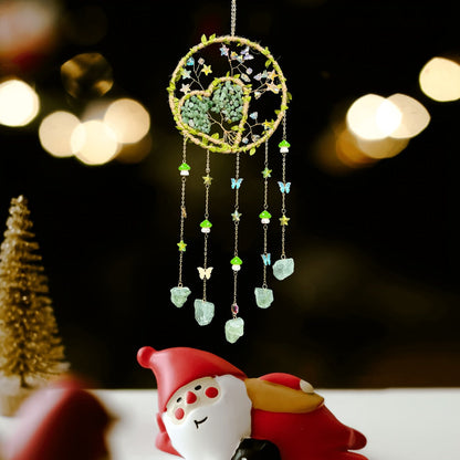 Boho Crystal Wall Hanging Decor – Handmade Stone Bead Wind Chime with Colorful Gemstone Heart & Circular Crystal Pendant for Bedroom Living