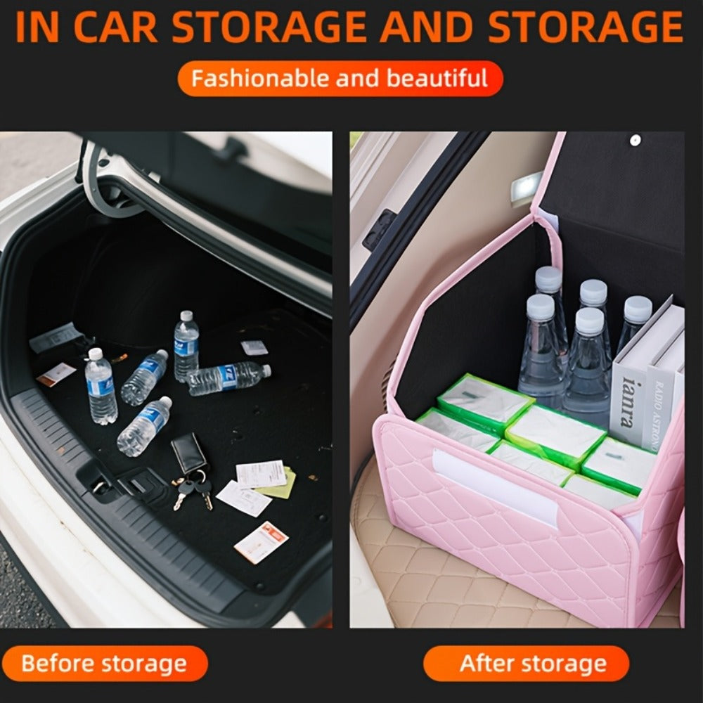 Car Trunk Organizer, Foldable Faux Leather Bow-Detail Box in 30L or 35L Size with Pink and Black Options