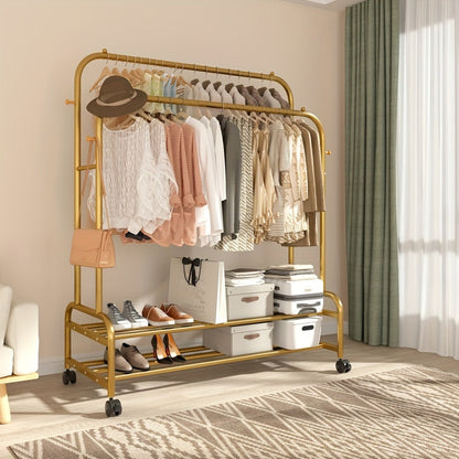 Double Rod Clothes Rack with Wheels Metal Garment Rack with Shelves and Hooks Portable Closet Organizer for Bedroom Living Room Gold