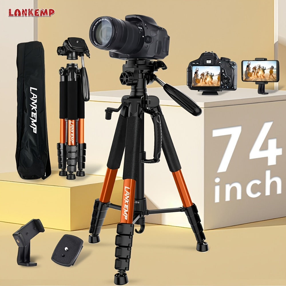 74-Inch Aluminum Camera Tripod in Black with Three-Way Pan Head, Two Quick-Release Plates, Phone Clip and Carry Bag