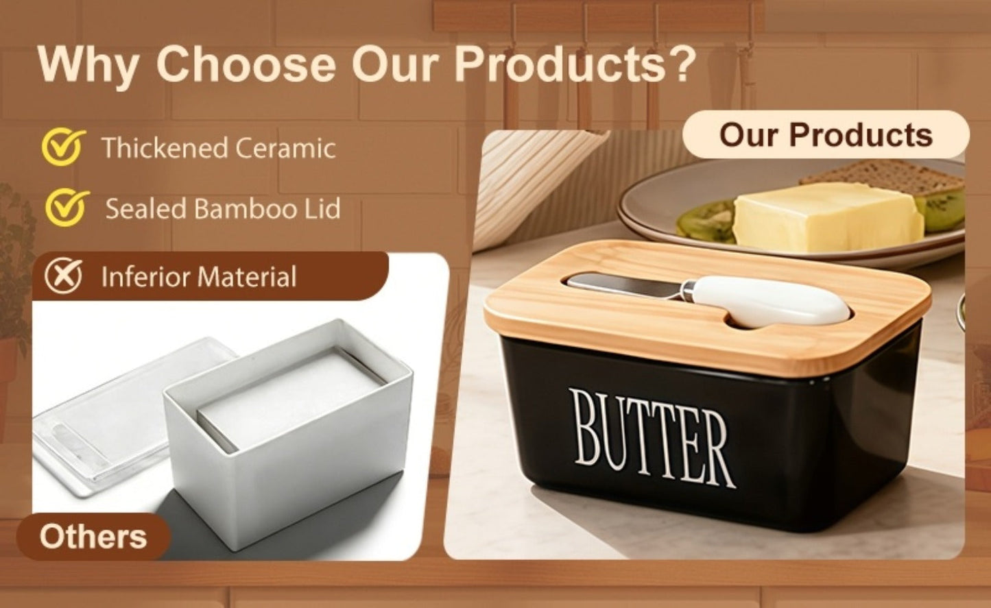 Ceramic Butter Dish with Lid and Knife, Large Countertop Butter Keeper, Airtight Seal, Easy-Clean Design