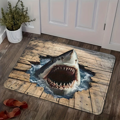 Shark Ocean Print Door Mat with Weathered Wood-Look Background in 40 x 60cm or 50 x 80cm Sizes
