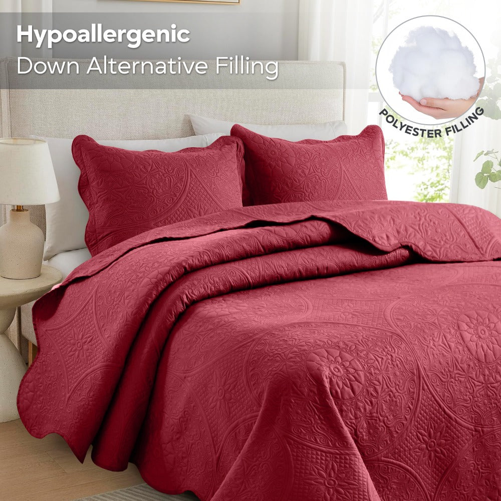 Floral-Pattern Three-Piece Bedspread Set in 16 Colors with Twin, Queen, King and California King Sizes