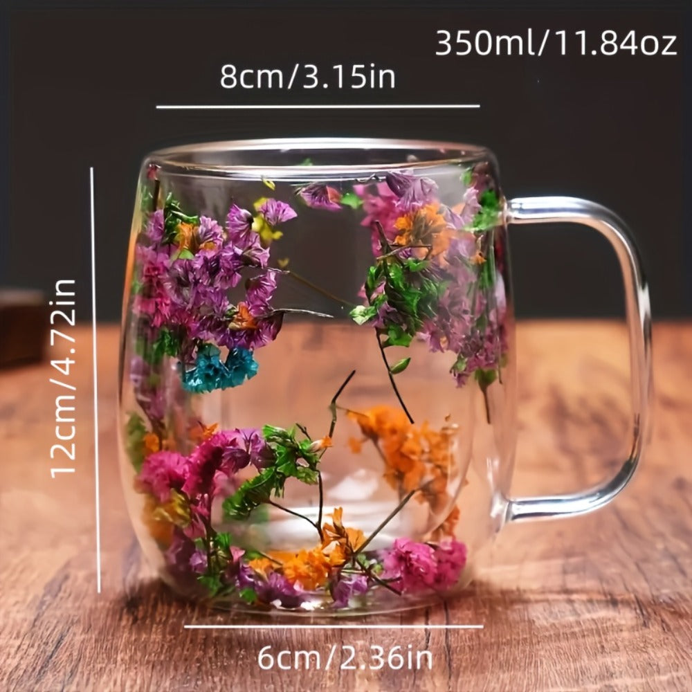 Double Wall Glass Coffee Cups with Handle Set of 4 – Borosilicate Thermal Mugs for Latte Cappuccino Tea | Dried Flower & Petal Design